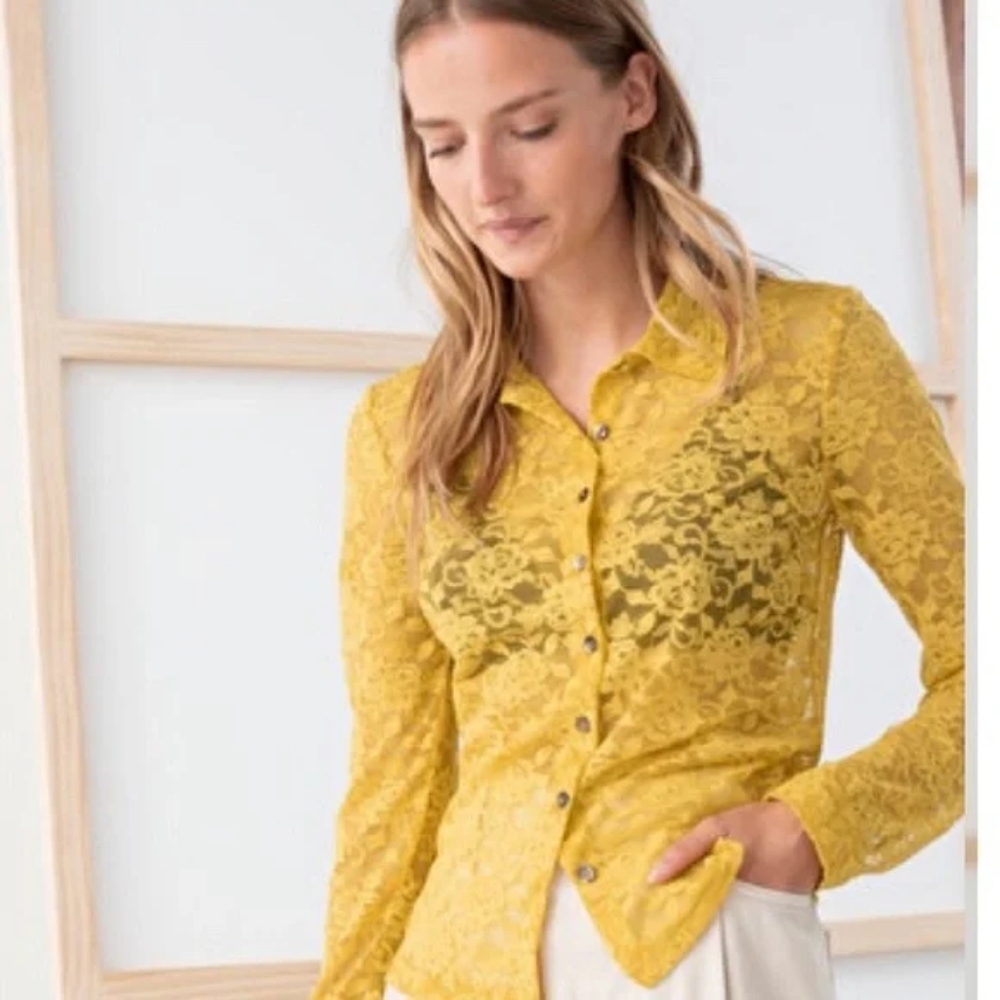 New & Other Stories Mustard Gold Sheer Button Down Top Long Sleeve US 12